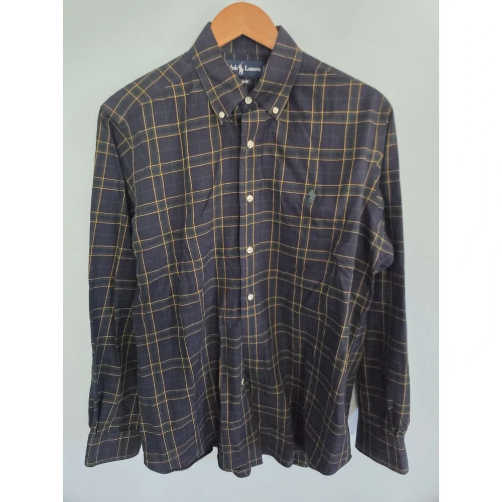 Vintage Ralph Lauren Classic Fit Men M Navy Green Yellow Plaid Button Down Shirt